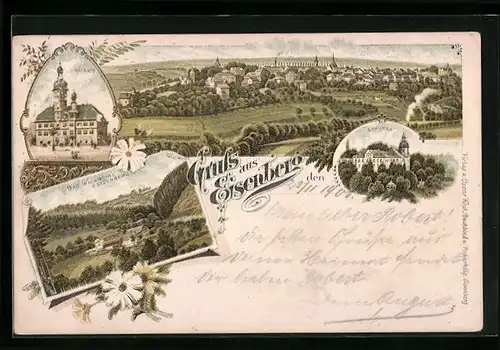 Lithographie Eisenberg, Gesamtansicht aus der Vogelschau, Gasthaus Bad Walkmühle, Rathaus