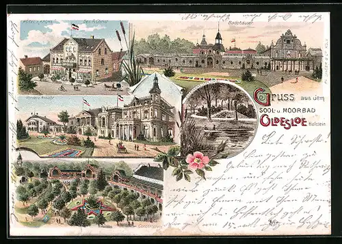 Lithographie Oldesloe /Holstein, Kurpark mit Badehäusern, Hotel zur Krone, Concertplatz