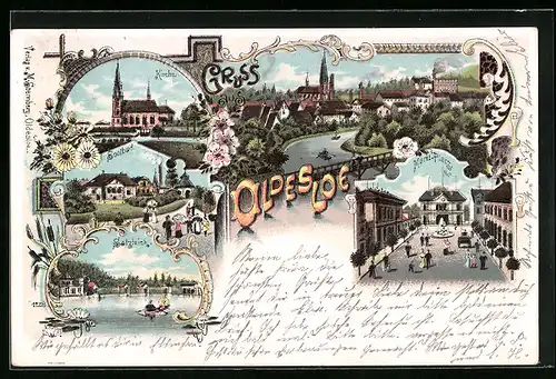 Lithographie Oldesloe, Teilansicht, Marktplatz, Salzteich, Soolbad