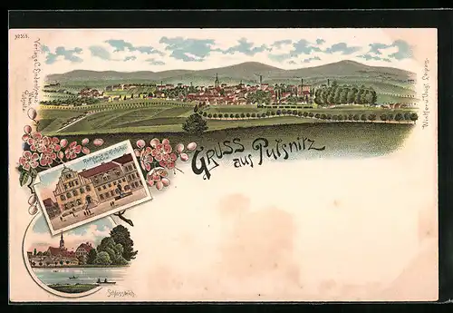 Lithographie Pulsnitz, Ortspanorama mit Umgebung, Rathaus mit Rietschel-Denkmal