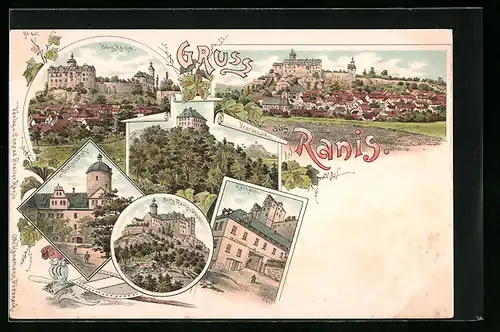 Lithographie Ranis, Gesamtansicht, Rathaus und Burgen