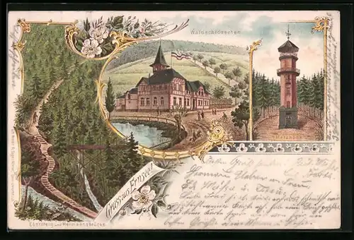 Lithographie Ernsee, Gasthaus Waldschlösschen mit Umgebung, Metzhöhe mit Aussichtsturm