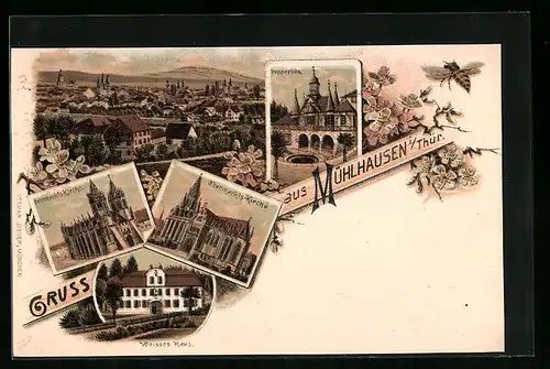 Lithographie Mühlhausen /Th., Ortsansicht, Popperode, Weisses Haus