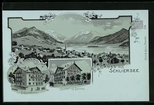 Lithographie Schliersee, Gesamtansicht mit Bergpanorama, Gasthof zur Seerose und Dependence