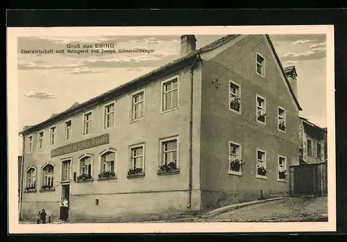 AK Ebing, Gastwirtschaft und Metzgerei Joseph Schneiderbanger, mit Familie im Eingang