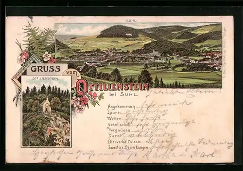 Lithographie Suhl, Ortsansicht mit Ottilienstein