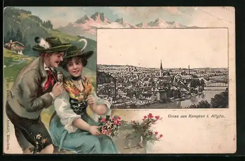 Passepartout-Lithographie Kempten i. Allgäu, Ortsansicht mit Fluss, Paar in Tracht