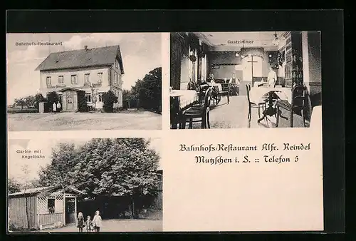AK Mutzschen i. S., Bahnhofs-Restaurant Alfr. Reindel, Garten mit Kegelbahn