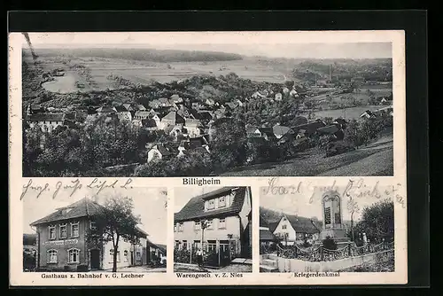 AK Billigheim, Gasthaus z. Bahnhof, Warengesch. v. Z. Nies, Kriegerdenkmal