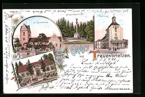 Lithographie Treuenbrietzen, Park-Restaurant, St. Marienkirche, Rathhaus