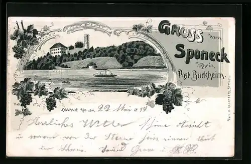 Lithographie Sponeck a. Rhein, Flusspartie mit Burg und Boot
