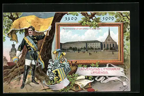 Künstler-AK Arthur Thiele: Leipzig, Die Universität vor dem Umbau, Student mit Degen und Fahne