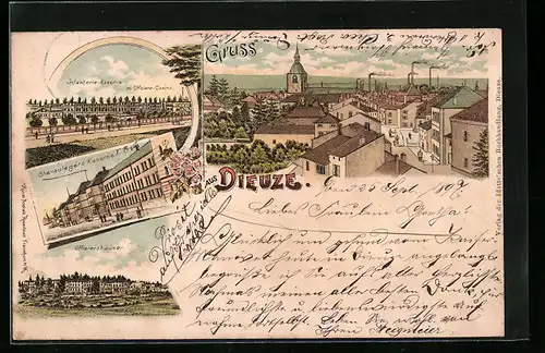 Lithographie Dieuze, Ortsansicht, Infanterie-Kaserne, Offiziershäuser