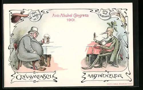 Lithographie Graz, Anti-Alkohol-Kongress 1901, Genussmensch und Abstinenzler