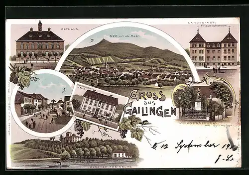 Lithographie Gailingen, Ortsansicht, Rathaus, Kriegerdenkmal mit Synagoge
