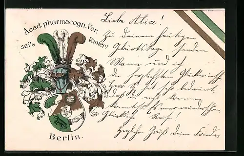 Lithographie Berlin, Studentenwappen Acad. pharmacogn. Ver., Banderole