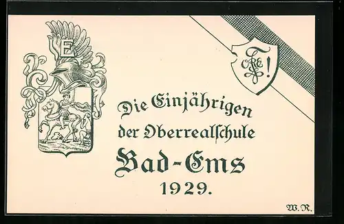 AK Bad Ems, Wappen der Einjährigen der Oberrealschule 1929, Heiliger Martin