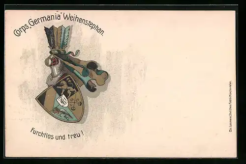 AK Weihenstephan, Studentenwappen des Corps Germania mit Motto Furchtlos und treu!