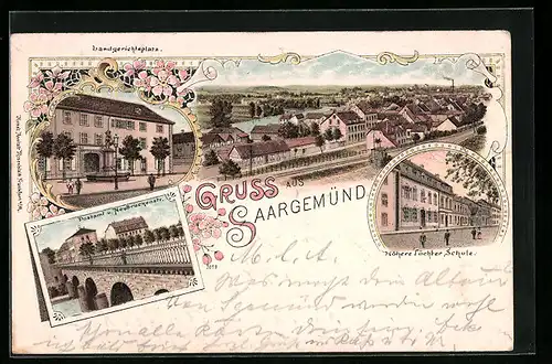 Lithographie Saargemünd, Ortsansicht, Landgerichtsplatz, Post und Neubrückenstrasse