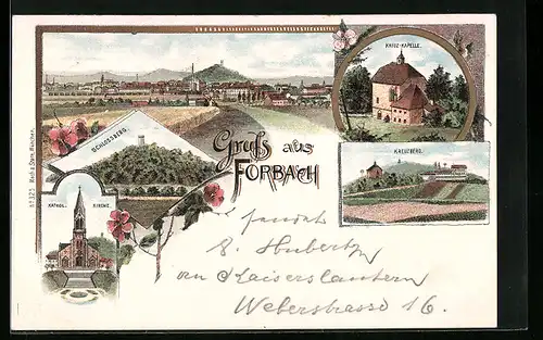 Lithographie Forbach, Ortspanorama mit Weizenfeld, Schlossberg, Kreuzberg