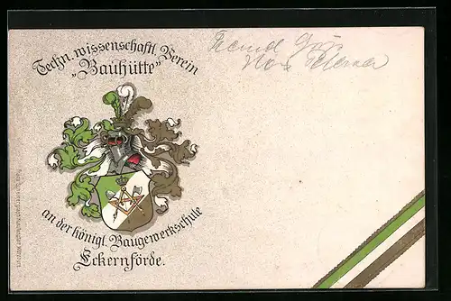 AK Eckernförde, Studentenwappen des technisch-wissenschaftlichen Vereins Bauhütte an der Baugewerkschule, Banderole