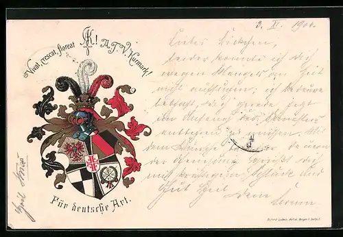 Lithographie Studentenwappen Kurmark mit Motto Für deutsche Art.