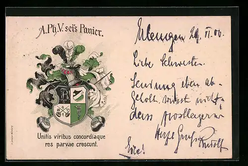 Lithographie StudentenwappenA. Ph. V. mit Motto Unitis viribus concordiaque...