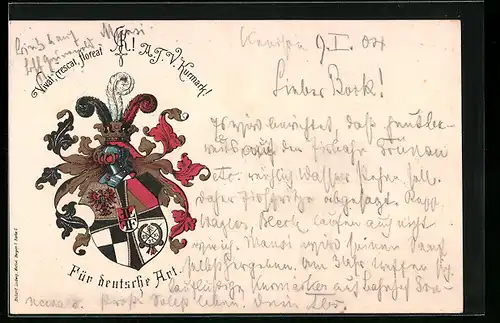 Lithographie Studentenwappen A.J.V. Kurmark mit Motto Für deutsche Art