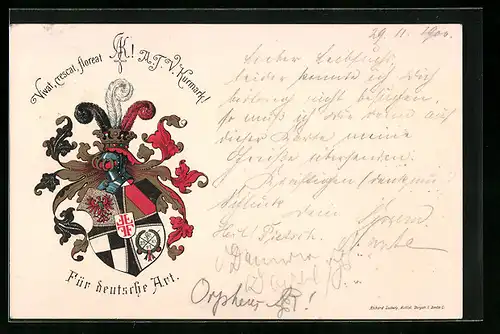 Lithographie Studentenwappen A.J.V. Kurmark in schwarz-rot-gold mit Motto Für deutsche Art
