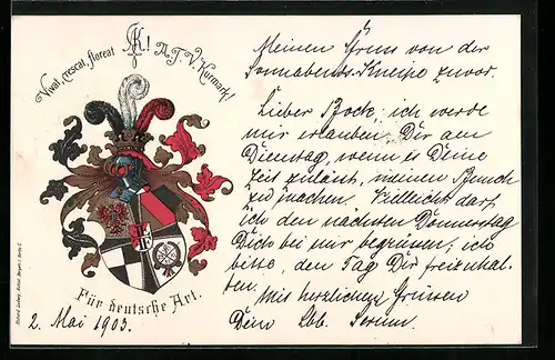 Lithographie Schwarz-rot-goldenes Studentenwappen A.J.V. Kurmark mit Motto Für deutsche Art