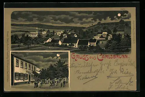 Mondschein-Lithographie Carlsbrunn, Gesamtansicht und Gasthaus Göbel mit Strassenleben