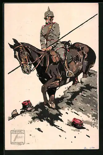 Künstler-AK Ludwig Hohlwein: Siegreicher Soldat zu Pferde auf dem Schlachtfeld
