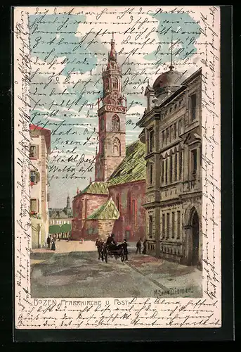 Künstler-AK Zeno Diemer: Bozen, Pfarrkirche und Post