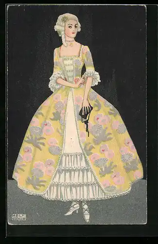 Künstler-AK Mela Köhler: Elegante Dame mit Perücke und Reifrock