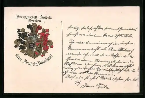 AK Dresden, Burschenschaft Cimbria, Ehre, Freiheit, Vaterland!, Studentenwappen