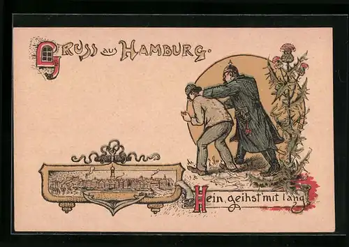 Künstler-AK Hans Christiansen unsign.: Hamburg, Hein geihst` mit lang, Polizist führt Hein ab