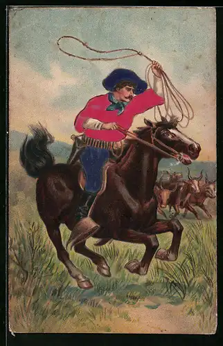 Präge-AK Cowboy auf seinem Pferd mit einem Lasso