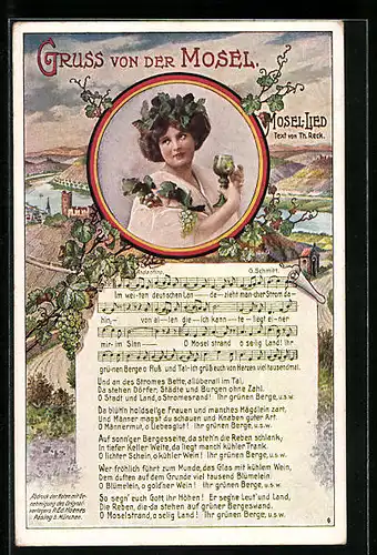 AK Gruss von der Mosel, Junge Frau mit Weinglas, Landschaft mit Burg, Mosel-Lied mit Noten
