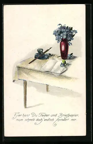 AK Hier hast Du Feder und Briefpapier..., Schreibfaul