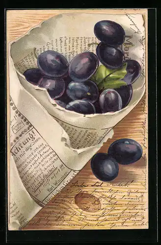 Präge-AK Pflaumen in einer Papiertüte, Schreibfaul