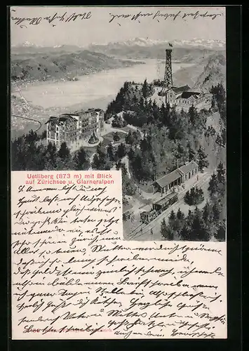 AK Uetliberg, Ortsansicht mit Restaurant Uto-Kulm, Zürichsee und Glarneralpen