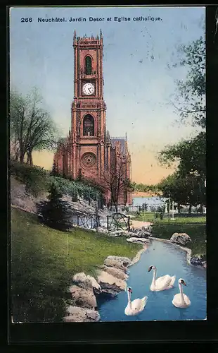 AK Neuchatel, Jardin Desor et Eglise catholique