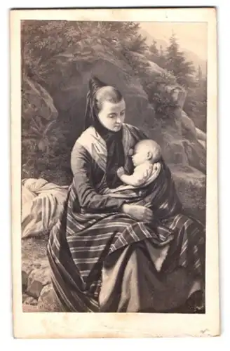 Fotografie unbekannter Fotograf und Ort, Gemälde: Die Hazerin, nach v. Meyerheim, Mutter in Tracht mit Kind