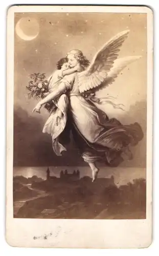 Fotografie unbekannter Fotograf und Ort, Gemälde: Zu Gott, nach Kaulbach, Engel mit totem Kind im Arm