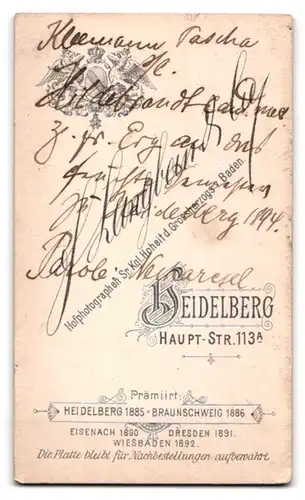 Fotografie F. Langbein & Cie., Heidelberg, Heidelberger Student Kleemann Pascha im vollen Wichs, Parole Neckaresel, 1894