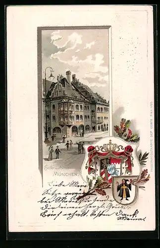 Passepartout-Lithographie München, Hofbräuhaus mit Wappen und Münchner Kindl