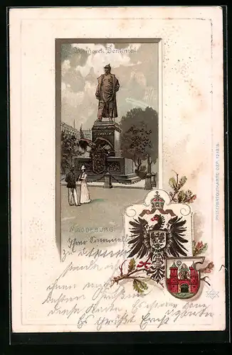 Passepartout-Lithographie Magdeburg, Bismarck-Denkmal mit Wappen
