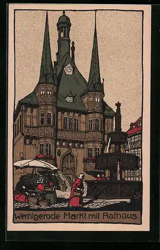 Steindruck-AK Wernigerode, Markt mit Rathaus