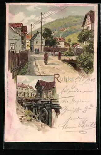 Lithographie Ruhla, Strassenpartie mit Wassermühle