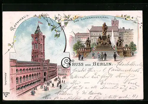 Lithographie Berlin, Lutherdenkmal, Neuer Markt, Rathaus
